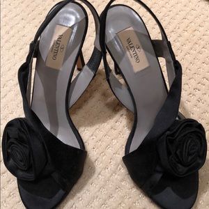 Black satin Valentino rosette evening heels 37.5